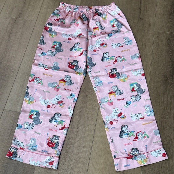 Nick & Nora Girls XL 14/16 Pink Satin Pajama Pants Kitten Cats Days Of Week Meow - Picture 2 of 10